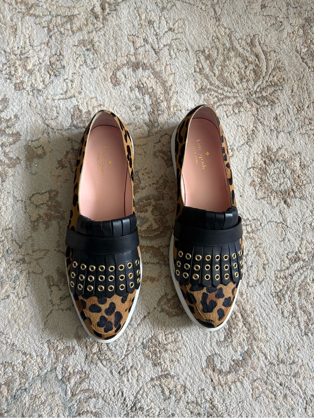 kate spade Leopard Print Loafers with Black Fringe & Gold Eyelets